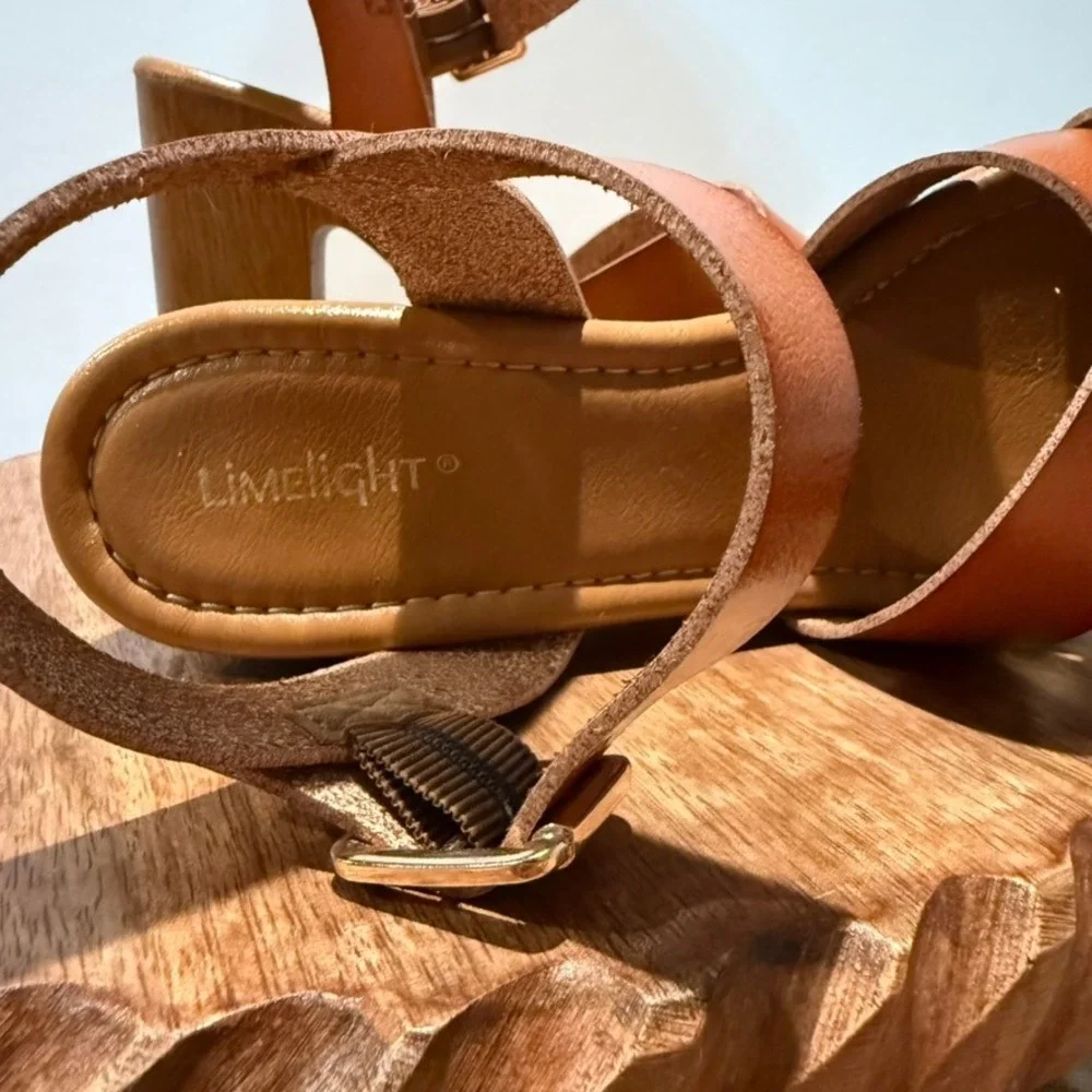 Limelight April Platform Sandals Womens 7M Cognac Brown Faux Wood Block Heel